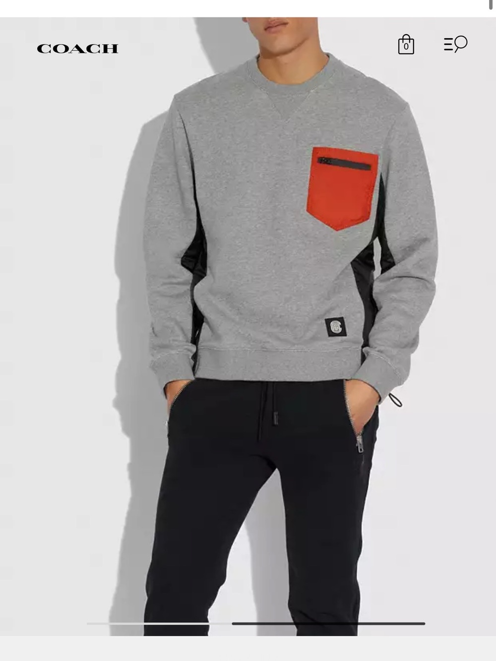 Coach Men’s Gray Crewneck Sweatshirt with Red Pocket and Black Accents